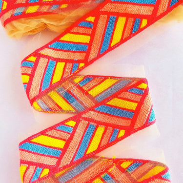 Beige Net With Coral Pink, Blue, Yellow And Red Embroidery